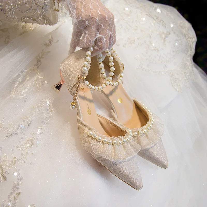 VougeVamp French Sweet Mary Jane High Heel Pumps for Women - Elegant Pearl String Bead Bridesmaid and Banquet Sandals