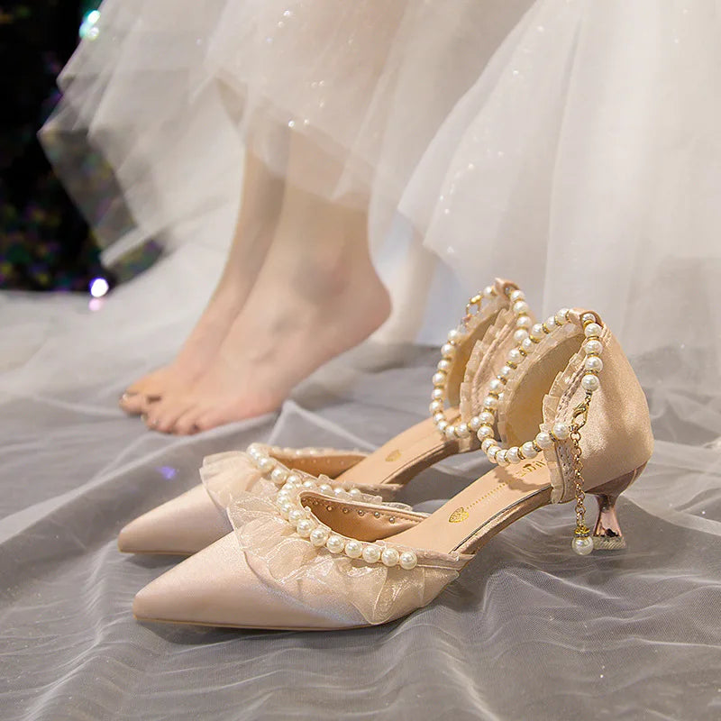 VougeVamp French Sweet Mary Jane High Heel Pumps for Women - Elegant Pearl String Bead Bridesmaid and Banquet Sandals