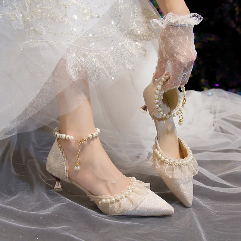 VougeVamp French Sweet Mary Jane High Heel Pumps for Women - Elegant Pearl String Bead Bridesmaid and Banquet Sandals