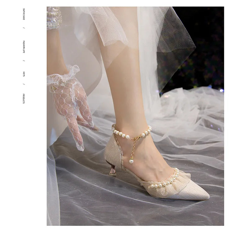 VougeVamp French Sweet Mary Jane High Heel Pumps for Women - Elegant Pearl String Bead Bridesmaid and Banquet Sandals
