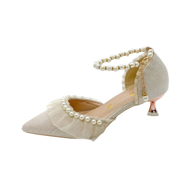 VougeVamp French Sweet Mary Jane High Heel Pumps for Women - Elegant Pearl String Bead Bridesmaid and Banquet Sandals