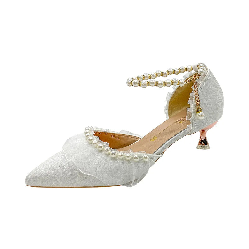 VougeVamp French Sweet Mary Jane High Heel Pumps for Women - Elegant Pearl String Bead Bridesmaid and Banquet Sandals