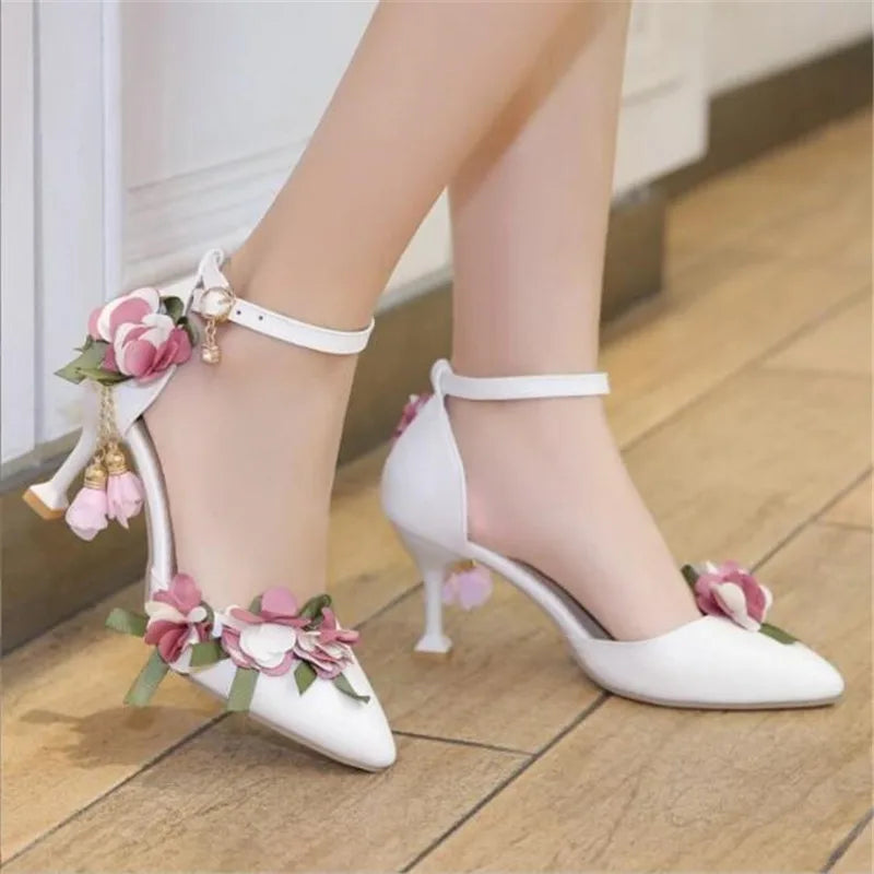 VougeVamp Flower Pearl Princess Lolita Wedding Pumps for Women - Elegant Pointed Toe Stiletto High Heel Summer Sandals