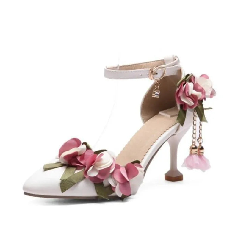 VougeVamp Flower Pearl Princess Lolita Wedding Pumps for Women - Elegant Pointed Toe Stiletto High Heel Summer Sandals