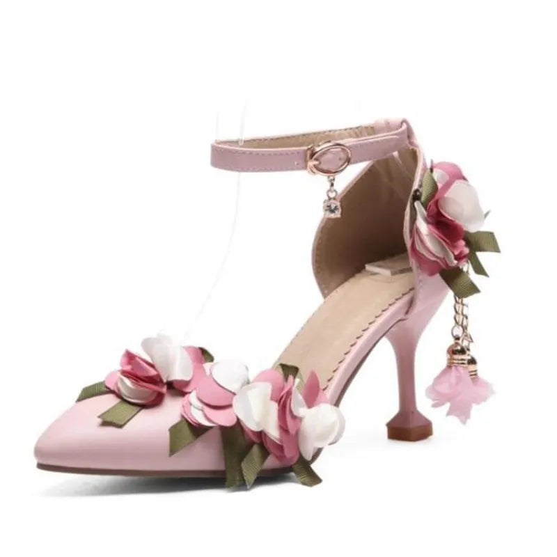 VougeVamp Flower Pearl Princess Lolita Wedding Pumps for Women - Elegant Pointed Toe Stiletto High Heel Summer Sandals