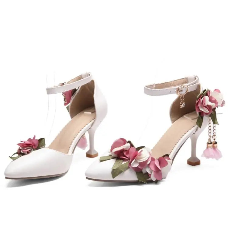 VougeVamp Flower Pearl Princess Lolita Wedding Pumps for Women - Elegant Pointed Toe Stiletto High Heel Summer Sandals