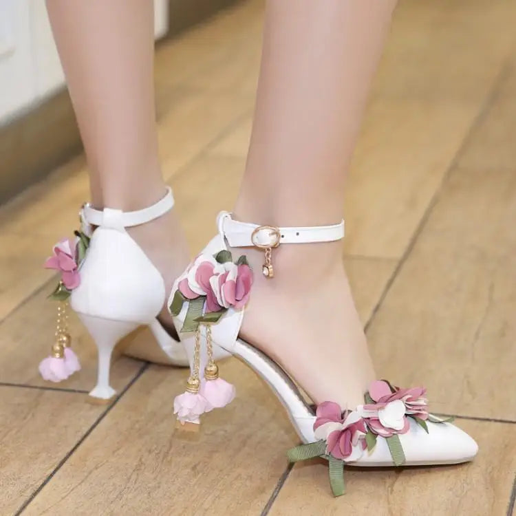 VougeVamp Flower Pearl Princess Lolita Wedding Pumps for Women - Elegant Pointed Toe Stiletto High Heel Summer Sandals