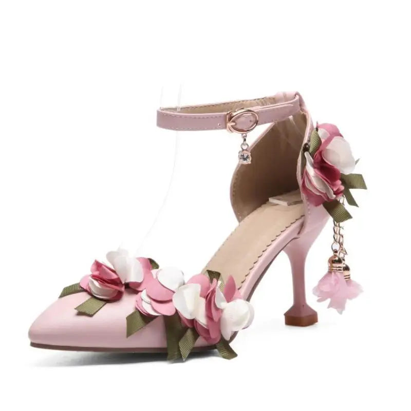 VougeVamp Flower Pearl Princess Lolita Wedding Pumps for Women - Elegant Pointed Toe Stiletto High Heel Summer Sandals