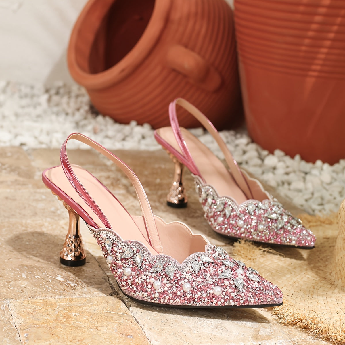 VougeVamp Elegant Pink Rhinestone Sandals – Pointed Toe & Square Heel High Heels