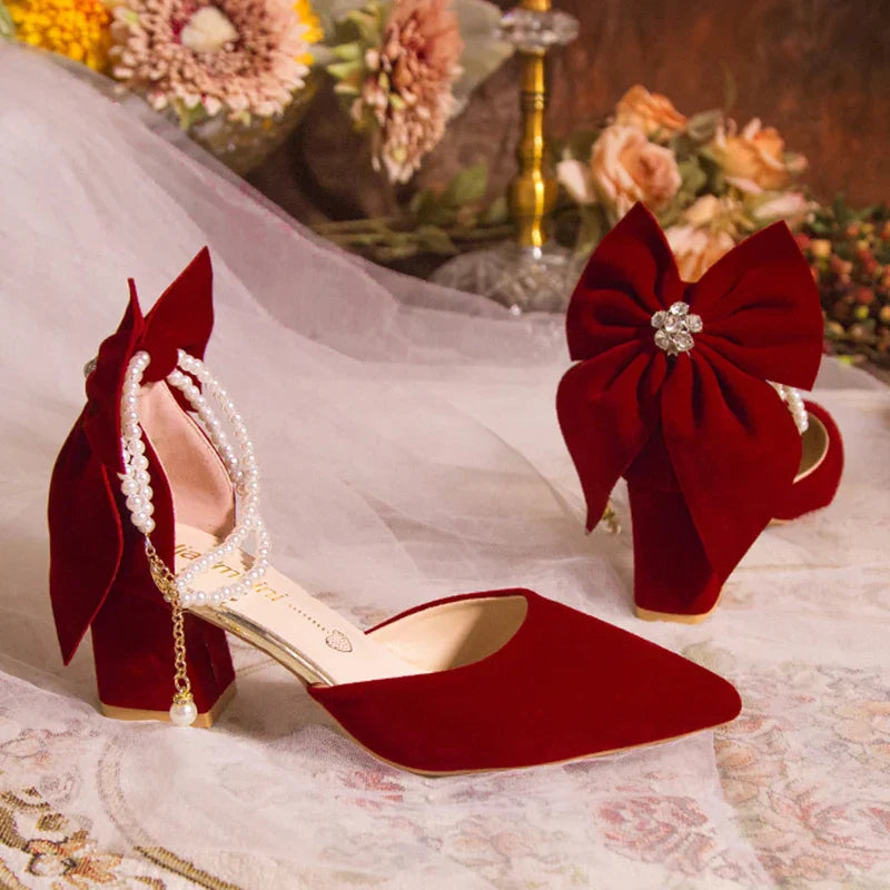 VougeVamp Red Suede Big Bowtie High Heel Pumps for Women - Elegant Thick Heel Pearl Buckle Wedding Dress Shoes