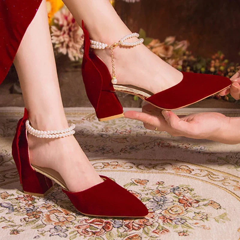 VougeVamp Red Suede Big Bowtie High Heel Pumps for Women - Elegant Thick Heel Pearl Buckle Wedding Dress Shoes