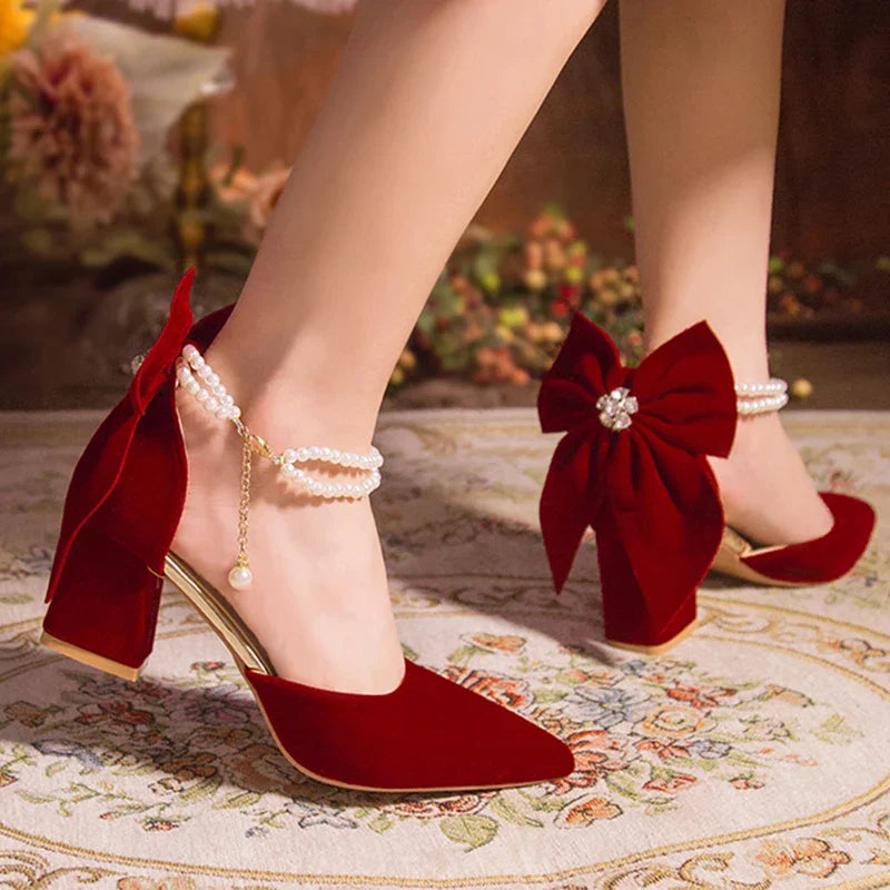 VougeVamp Red Suede Big Bowtie High Heel Pumps for Women - Elegant Thick Heel Pearl Buckle Wedding Dress Shoes