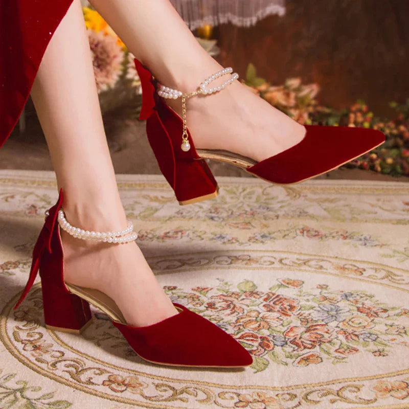 VougeVamp Red Suede Big Bowtie High Heel Pumps for Women - Elegant Thick Heel Pearl Buckle Wedding Dress Shoes