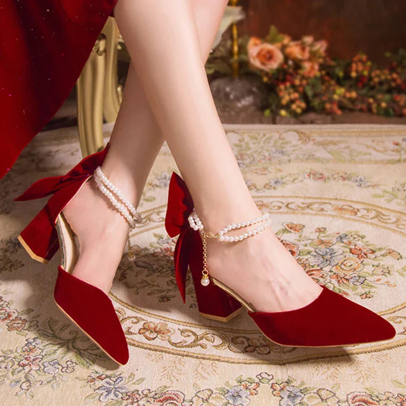 VougeVamp Red Suede Big Bowtie High Heel Pumps for Women - Elegant Thick Heel Pearl Buckle Wedding Dress Shoes