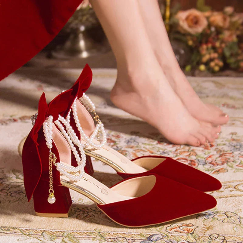 VougeVamp Red Suede Big Bowtie High Heel Pumps for Women - Elegant Thick Heel Pearl Buckle Wedding Dress Shoes