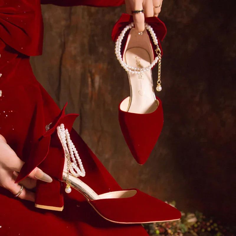 VougeVamp Red Suede Big Bowtie High Heel Pumps for Women - Elegant Thick Heel Pearl Buckle Wedding Dress Shoes