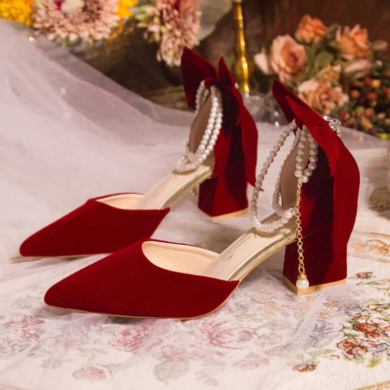 VougeVamp Red Suede Big Bowtie High Heel Pumps for Women - Elegant Thick Heel Pearl Buckle Wedding Dress Shoes