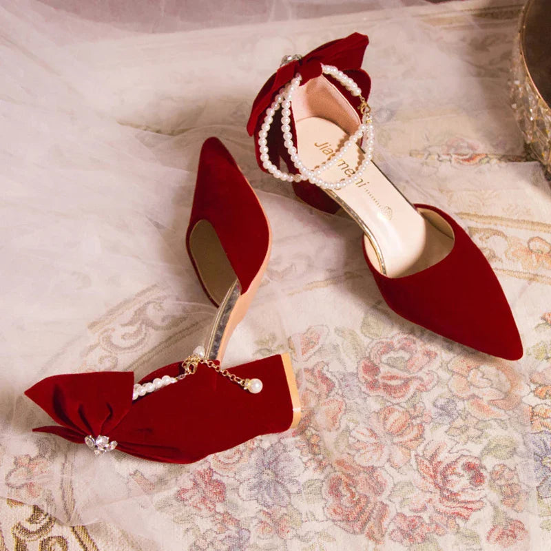 VougeVamp Red Suede Big Bowtie High Heel Pumps for Women - Elegant Thick Heel Pearl Buckle Wedding Dress Shoes