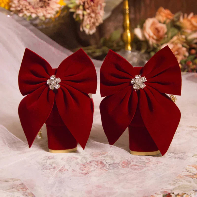 VougeVamp Red Suede Big Bowtie High Heel Pumps for Women - Elegant Thick Heel Pearl Buckle Wedding Dress Shoes
