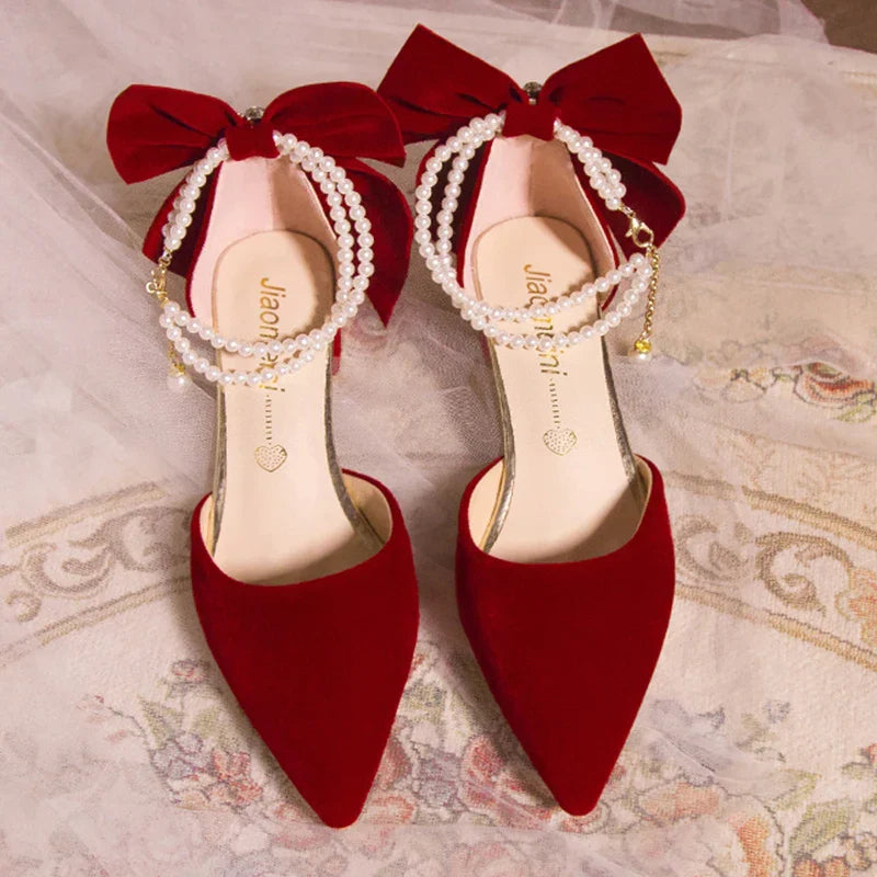 VougeVamp Red Suede Big Bowtie High Heel Pumps for Women - Elegant Thick Heel Pearl Buckle Wedding Dress Shoes