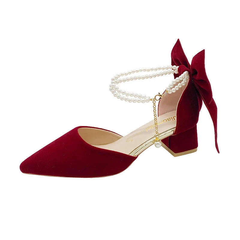 VougeVamp Red Suede Big Bowtie High Heel Pumps for Women - Elegant Thick Heel Pearl Buckle Wedding Dress Shoes