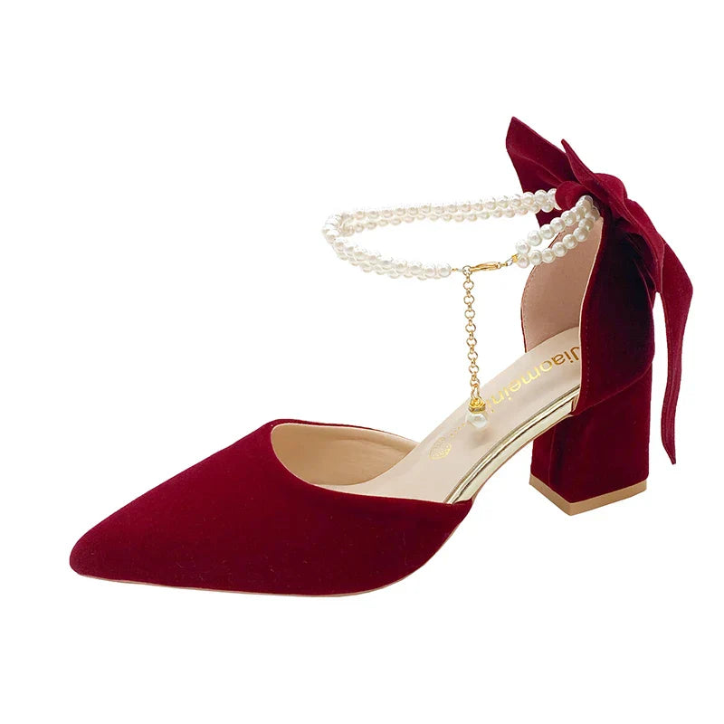 VougeVamp Red Suede Big Bowtie High Heel Pumps for Women - Elegant Thick Heel Pearl Buckle Wedding Dress Shoes