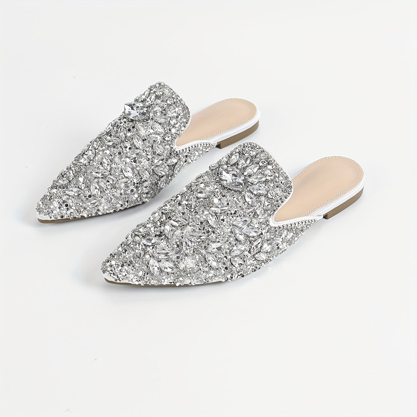 VougeVamp Glam Pointed Toe Sequin Flat Mules – Elegant Slip-On Shoes for Parties & Weddings
