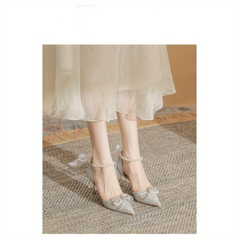 VougeVamp Silvery Stiletto High Heels – Elegant French Style Pointed Toe Pumps with Crystal Embellishments