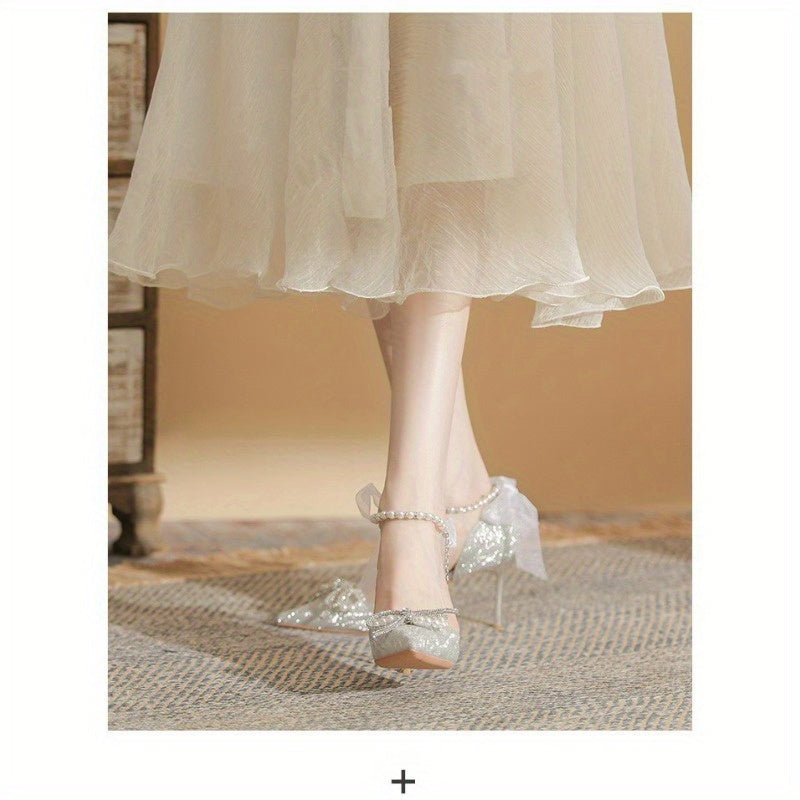 VougeVamp Silvery Stiletto High Heels – Elegant French Style Pointed Toe Pumps with Crystal Embellishments