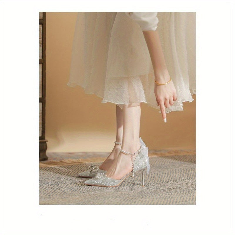 VougeVamp Silvery Stiletto High Heels – Elegant French Style Pointed Toe Pumps with Crystal Embellishments