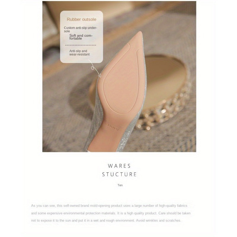 VougeVamp Silvery Stiletto High Heels – Elegant French Style Pointed Toe Pumps with Crystal Embellishments