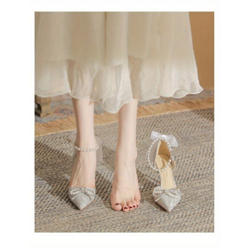 VougeVamp Silvery Stiletto High Heels – Elegant French Style Pointed Toe Pumps with Crystal Embellishments