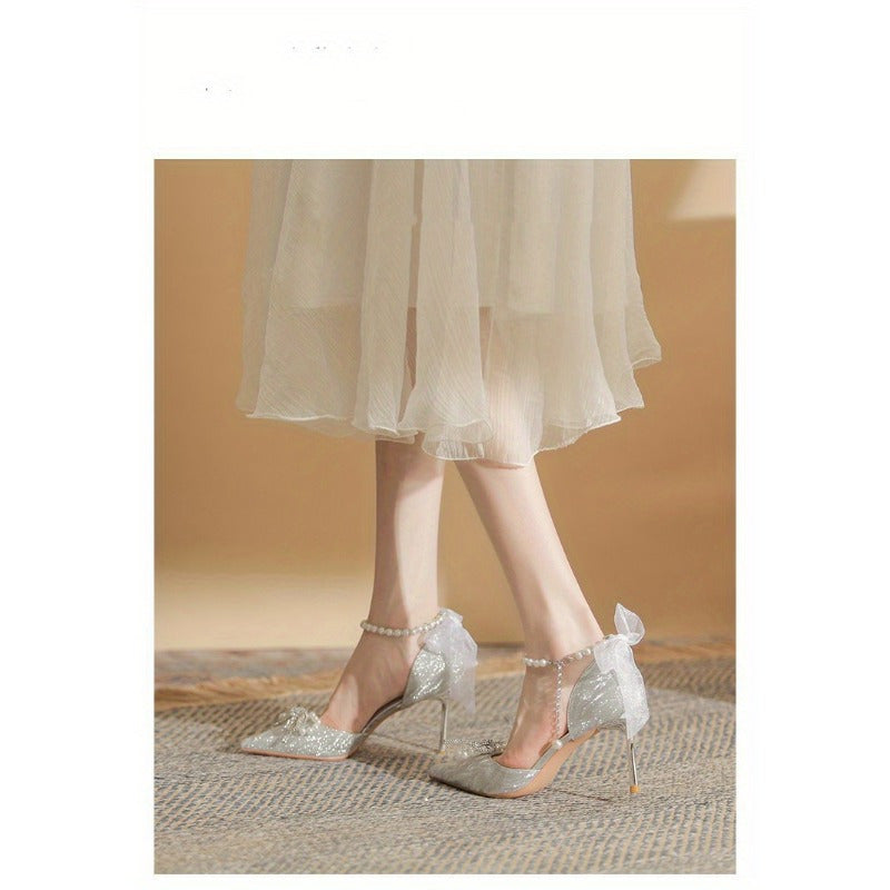 VougeVamp Silvery Stiletto High Heels – Elegant French Style Pointed Toe Pumps with Crystal Embellishments