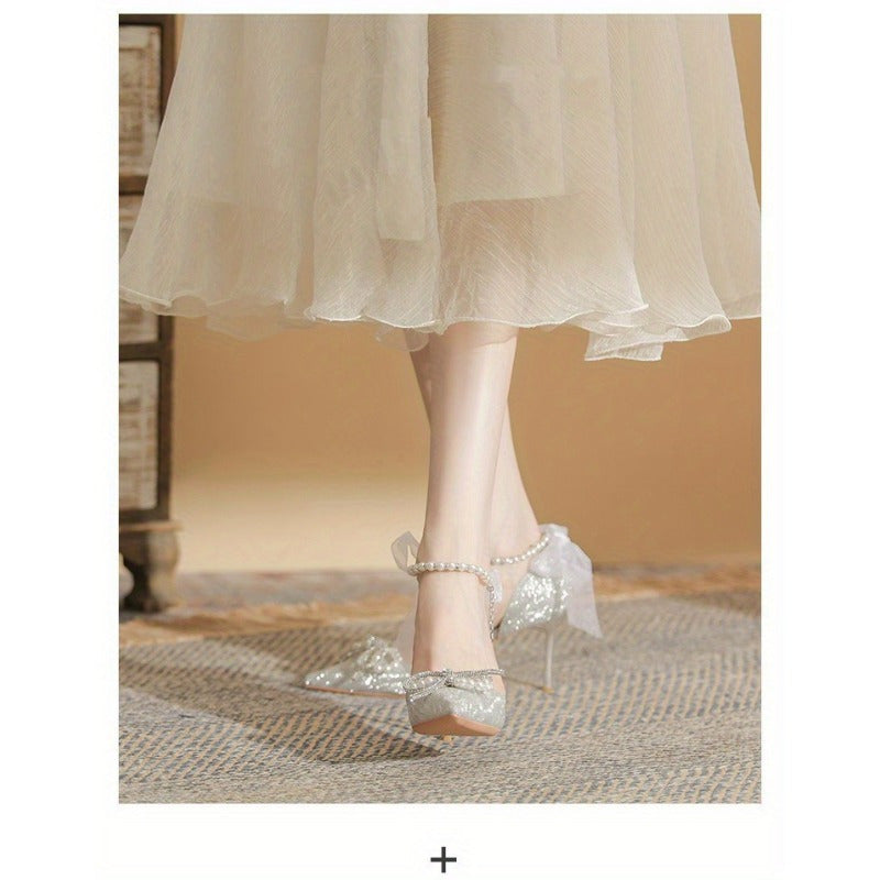 VougeVamp Silvery Stiletto High Heels – Elegant French Style Pointed Toe Pumps with Crystal Embellishments