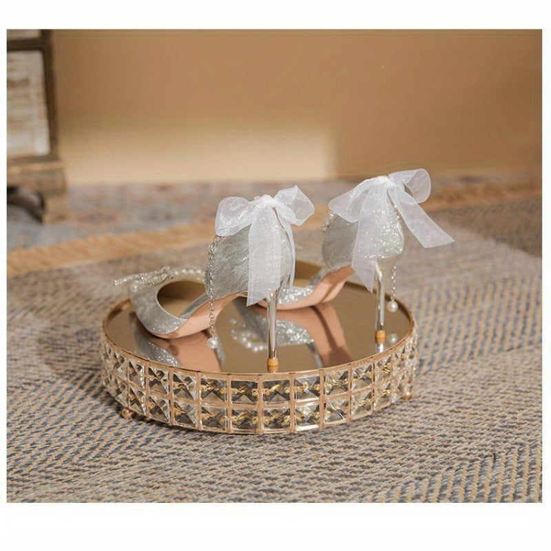 VougeVamp Silvery Stiletto High Heels – Elegant French Style Pointed Toe Pumps with Crystal Embellishments