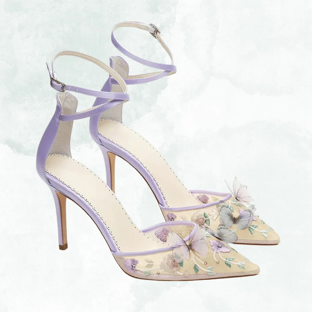 VougeVamp Luxurious Pointed Mesh Chiffon Butterfly Heels – Embroidered Floral Ankle Strap High Heels
