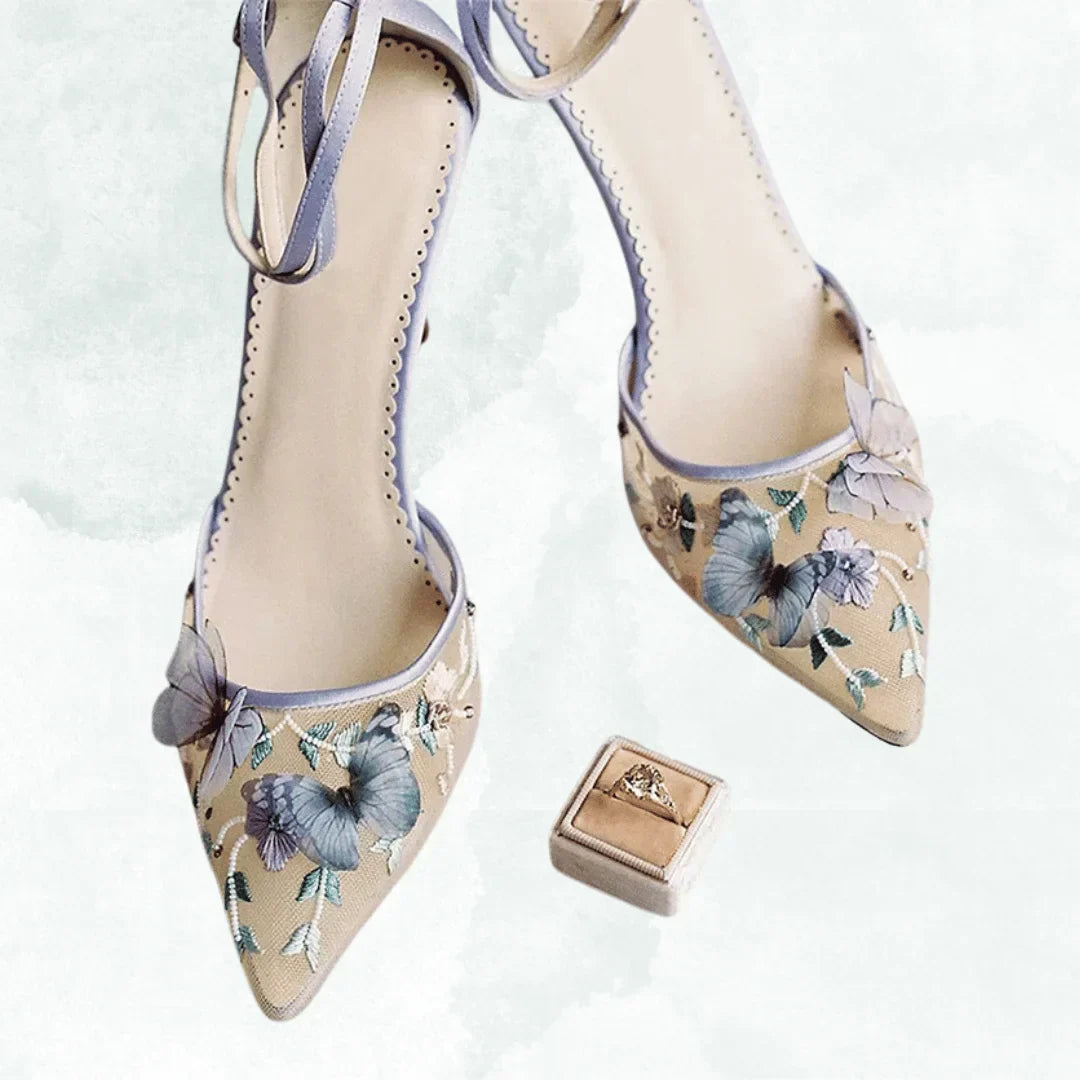 VougeVamp Luxurious Pointed Mesh Chiffon Butterfly Heels – Embroidered Floral Ankle Strap High Heels