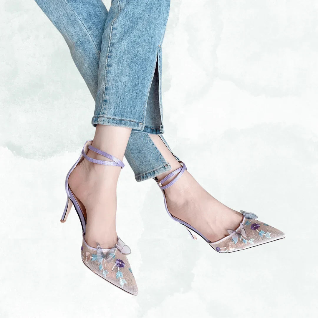 VougeVamp Luxurious Pointed Mesh Chiffon Butterfly Heels – Embroidered Floral Ankle Strap High Heels