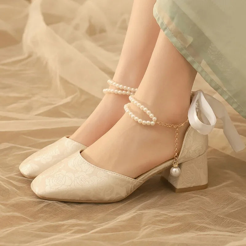 VougeVamp Satin Embroidered Pearl Chain Lolita Sandals - Retro 5cm Thick Heel Waterproof Platform Pumps
