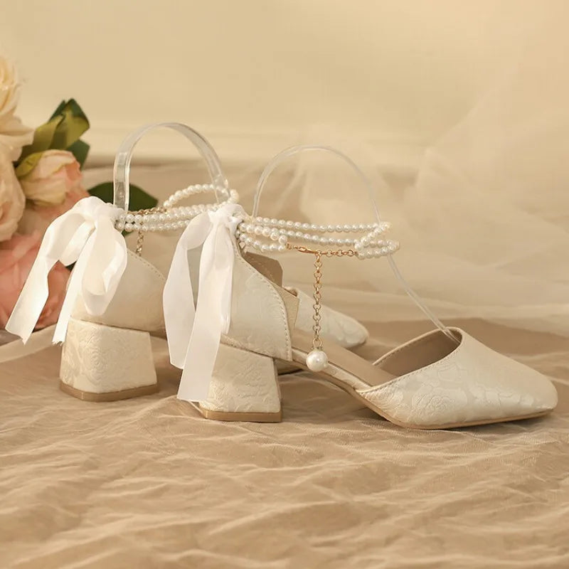 VougeVamp Satin Embroidered Pearl Chain Lolita Sandals - Retro 5cm Thick Heel Waterproof Platform Pumps