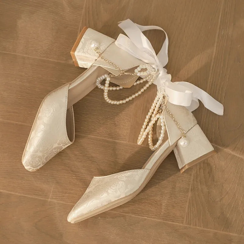 VougeVamp Satin Embroidered Pearl Chain Lolita Sandals - Retro 5cm Thick Heel Waterproof Platform Pumps