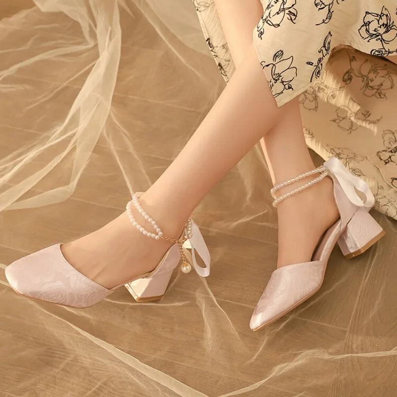 VougeVamp Satin Embroidered Pearl Chain Lolita Sandals - Retro 5cm Thick Heel Waterproof Platform Pumps