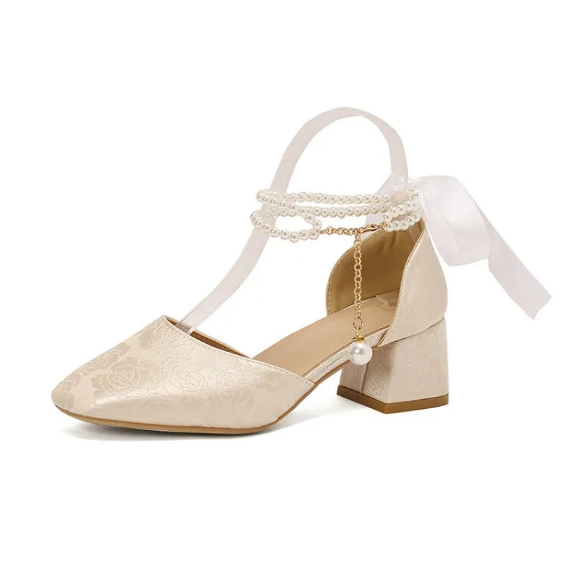 VougeVamp Satin Embroidered Pearl Chain Lolita Sandals - Retro 5cm Thick Heel Waterproof Platform Pumps