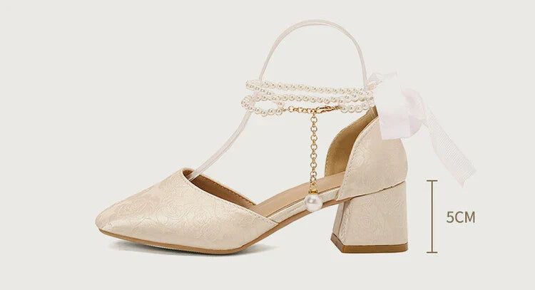 VougeVamp Satin Embroidered Pearl Chain Lolita Sandals - Retro 5cm Thick Heel Waterproof Platform Pumps