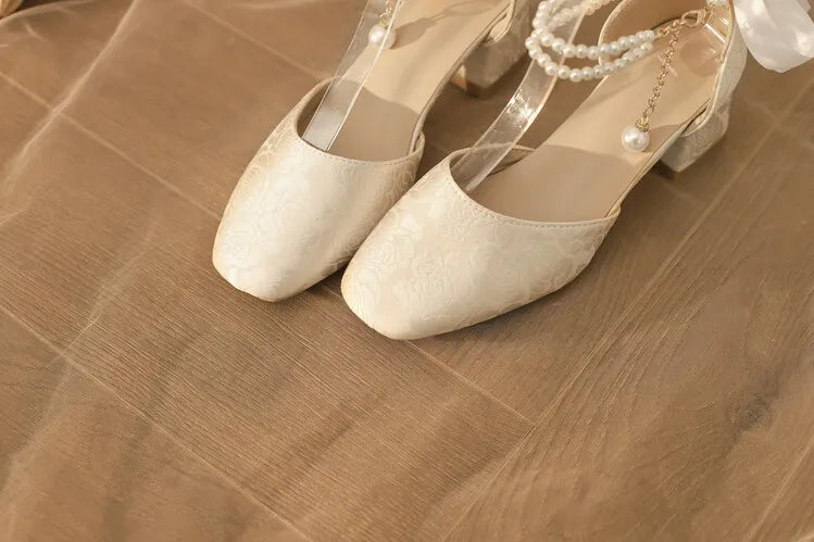 VougeVamp Satin Embroidered Pearl Chain Lolita Sandals - Retro 5cm Thick Heel Waterproof Platform Pumps