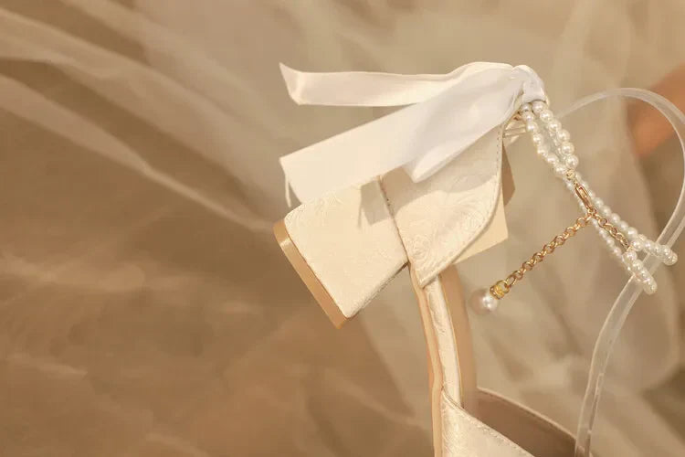 VougeVamp Satin Embroidered Pearl Chain Lolita Sandals - Retro 5cm Thick Heel Waterproof Platform Pumps