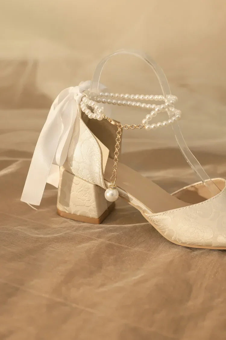 VougeVamp Satin Embroidered Pearl Chain Lolita Sandals - Retro 5cm Thick Heel Waterproof Platform Pumps