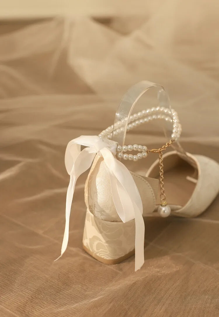 VougeVamp Satin Embroidered Pearl Chain Lolita Sandals - Retro 5cm Thick Heel Waterproof Platform Pumps