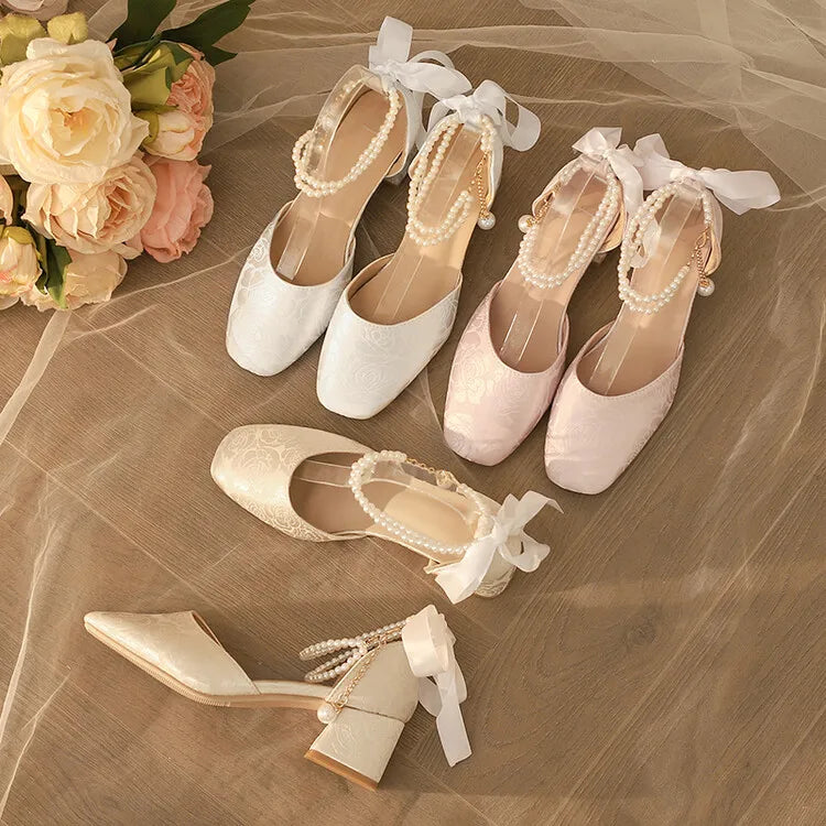 VougeVamp Satin Embroidered Pearl Chain Lolita Sandals - Retro 5cm Thick Heel Waterproof Platform Pumps