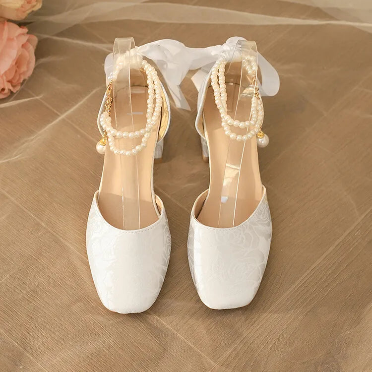 VougeVamp Satin Embroidered Pearl Chain Lolita Sandals - Retro 5cm Thick Heel Waterproof Platform Pumps